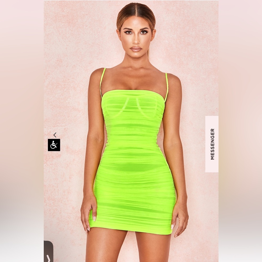 NEW House of CB Ella neon green ruched mini dress, size XS
